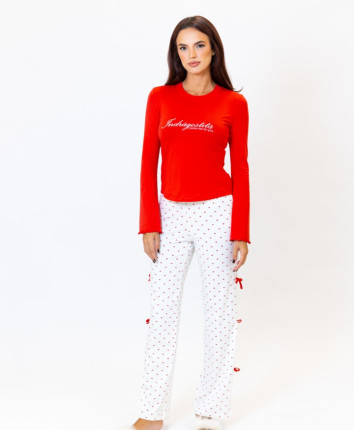 Pijama-pantaloni T23689 Rosu-Ivory print inimi