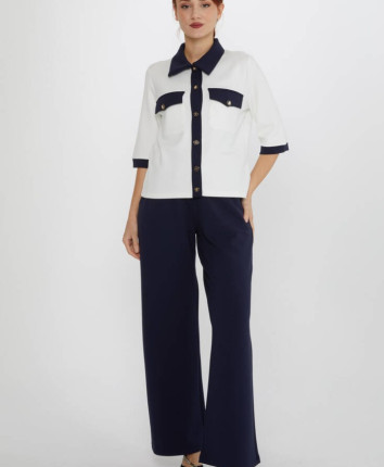 Costum dame - bluza, pantaloni 17877 Ivory-albastru inchis