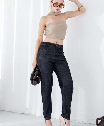 Pantaloni dame denim 53253 Albastru inchis Mom Fit