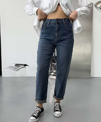 Pantaloni dame denim 53263 Albastru-cafeniu Mom Fit Baddal
