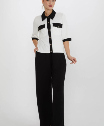 Costum dame - bluza, pantaloni 17877 Ivory-negru