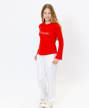 Pijama-pantaloni fete TF23706 Rosu- Ivory print inimi
